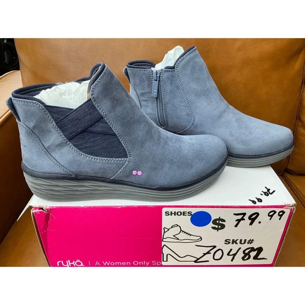 Ryka Noelle 2 Ankle Boots Womens 7 Blue Suede-Like Zip Up Booties